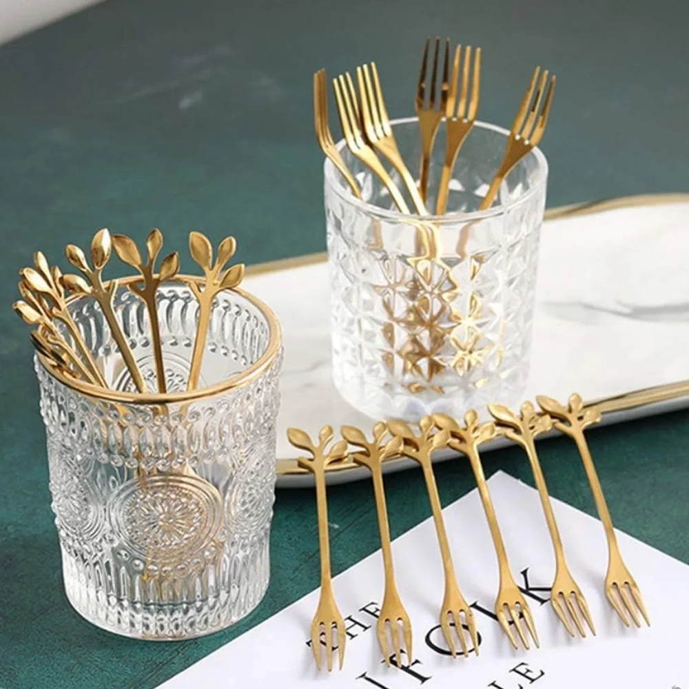 10 Pcs Stainless Steel Gold Leaf Appetizer Cake Forks Set 4.7 Inches